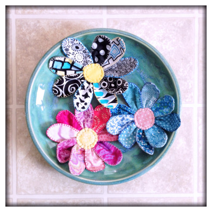 Trio of Fabric Flowers in a Bowl