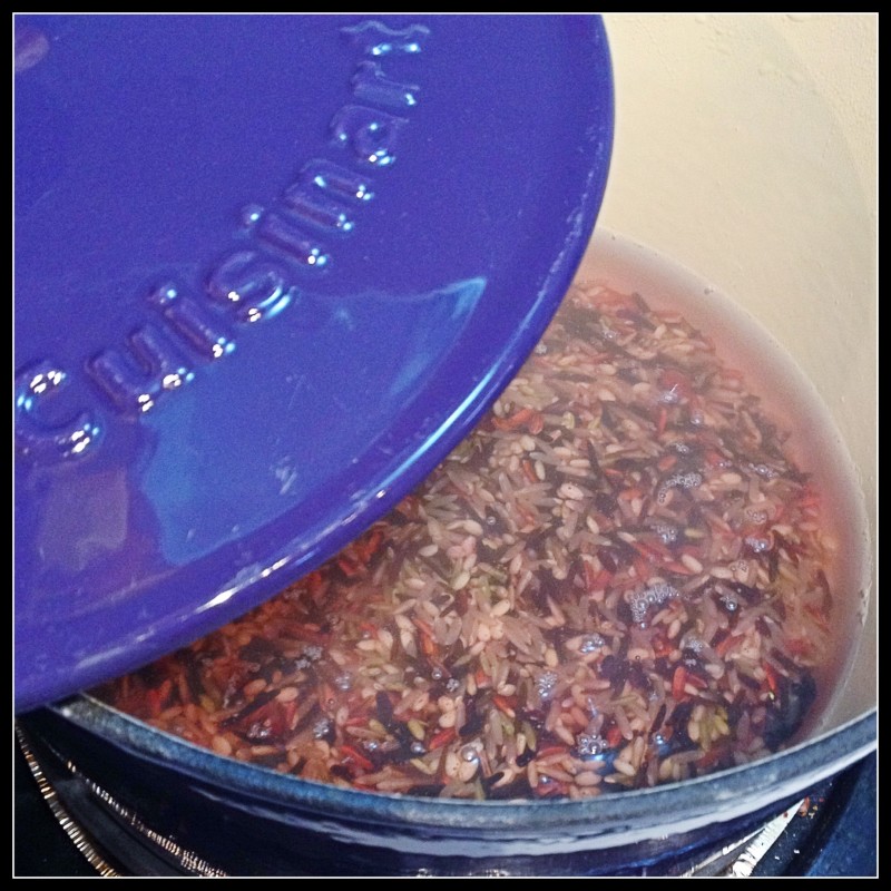 Wild and Brown Rice in Purple Dutch Oven