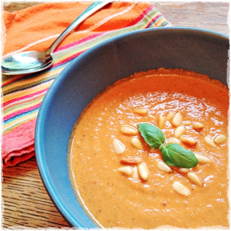 Blended Roasted Tomato Soup - with basil and pine nuts. Dairy and gluten free. From www.katewares.com.